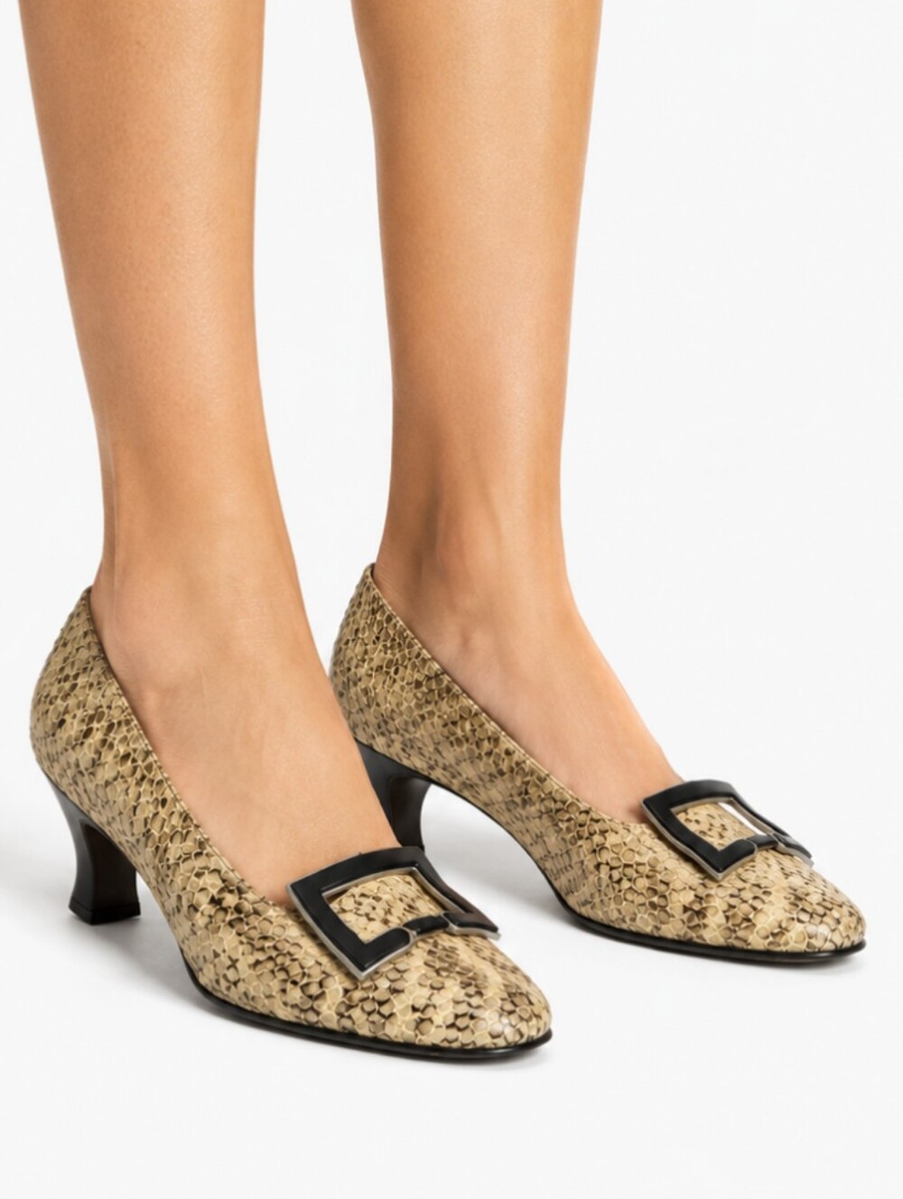 Vintage 60s Mod Snakeskin Pumps Size 6 Square Toe Pilgrim Buckle Kitten Heels - Picture 12 of 12